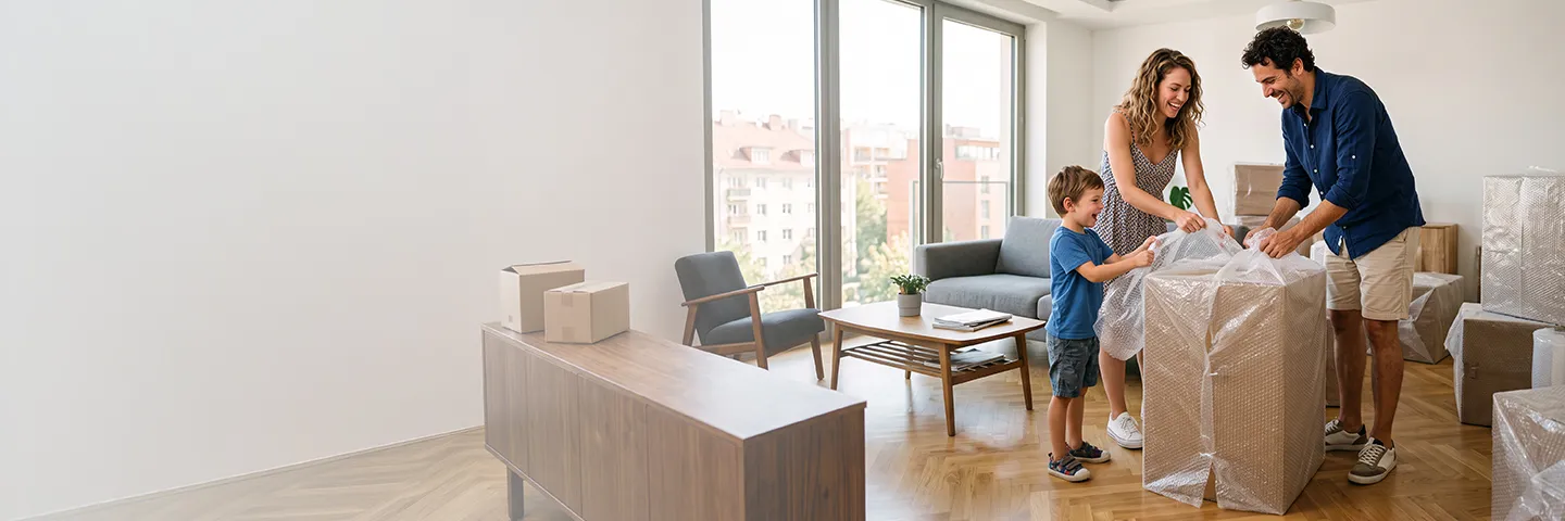 Görselde, güneş ışığı alan modern ve geniş bir apartman dairesinde, anne, baba ve küçük bir erkek çocuktan oluşan mutlu bir ailenin eşya paketlediği görülüyor. Aile üyeleri, muhtemelen yeni bir eve taşınmanın heyecanıyla gülümseyerek büyük bir karton koliyi şeffaf ambalaj malzemesiyle sarıyorlar. Odanın içinde başka karton kutular, modern bir ahşap konsol, koltuk, orta sehpa ve bitki de bulunuyor. Ortam aydınlık ve ferah, parke zemin dikkat çekiyor. Görsel, Allianz'ın ev sigortası veya eşya sigortası gibi ürünleriyle ilişkilendirilebilecek yeni başlangıçlar, aile mutluluğu ve güvence temalarını yansıtıyor.