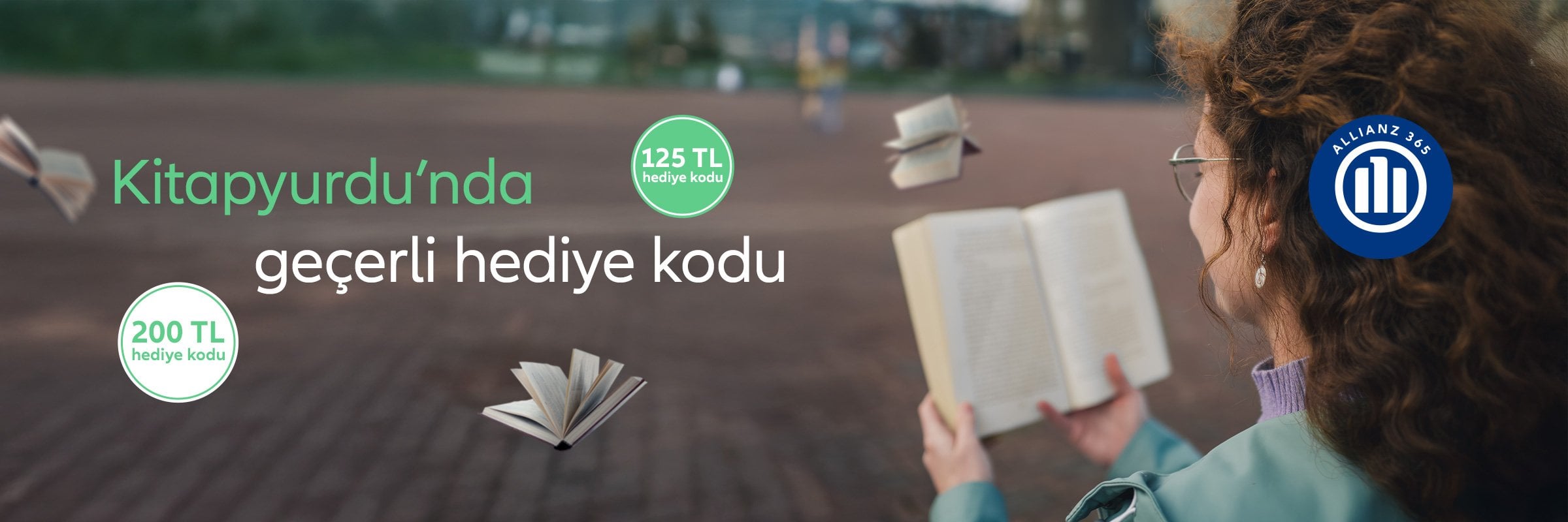 Allianz 365 Kitapyurdu hediye kodu kampanyası ve kitap okuyan kadın