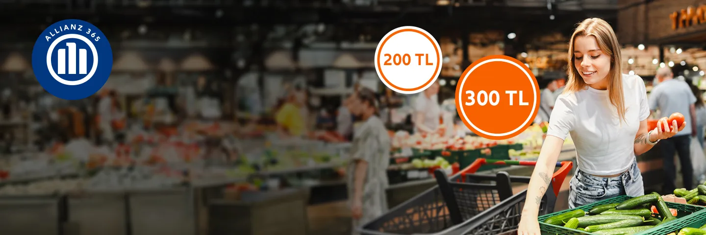 Allianz 365 Migros hediye kodu kampanyası ve markette alışveriş yapan kadın görseli