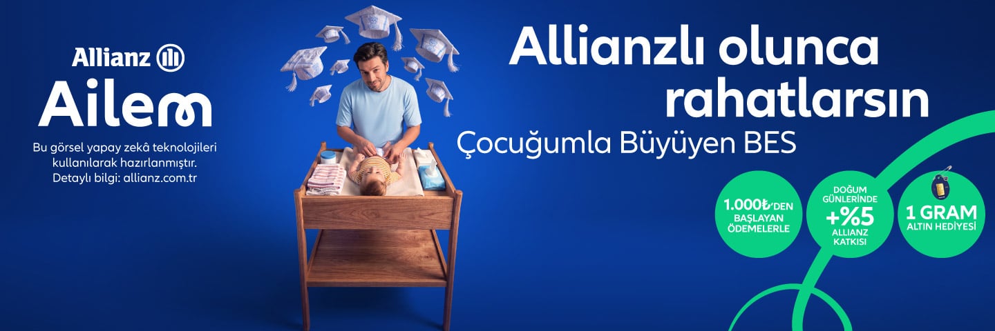 Allianz Çocuğumla Büyüyen BES kampanyası: Bir baba alt değiştirme masasında bebeğiyle ilgilenirken üzerinde kepler uçuşuyor.