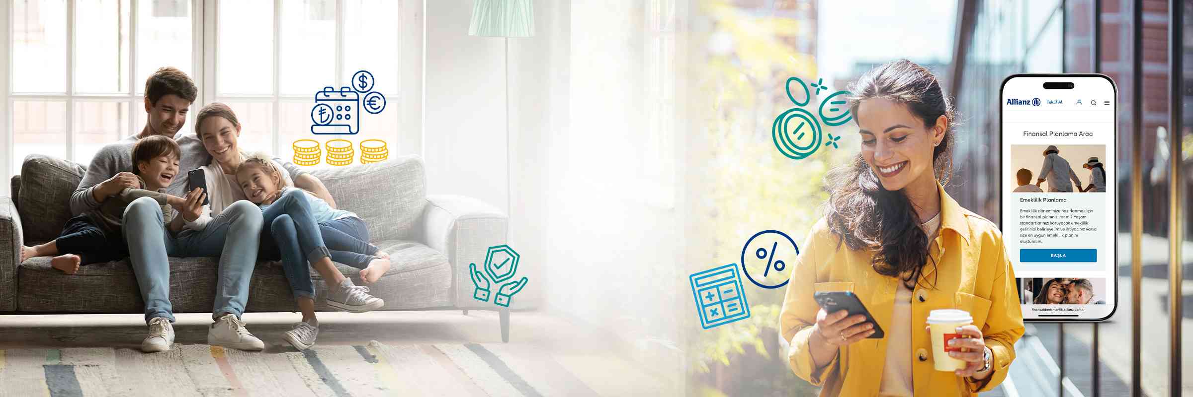 Allianz finansal planlama: Ailesiyle mutlu bir ev ve mobil uygulamayla geleceğini planlayan gülümseyen bir kadın.