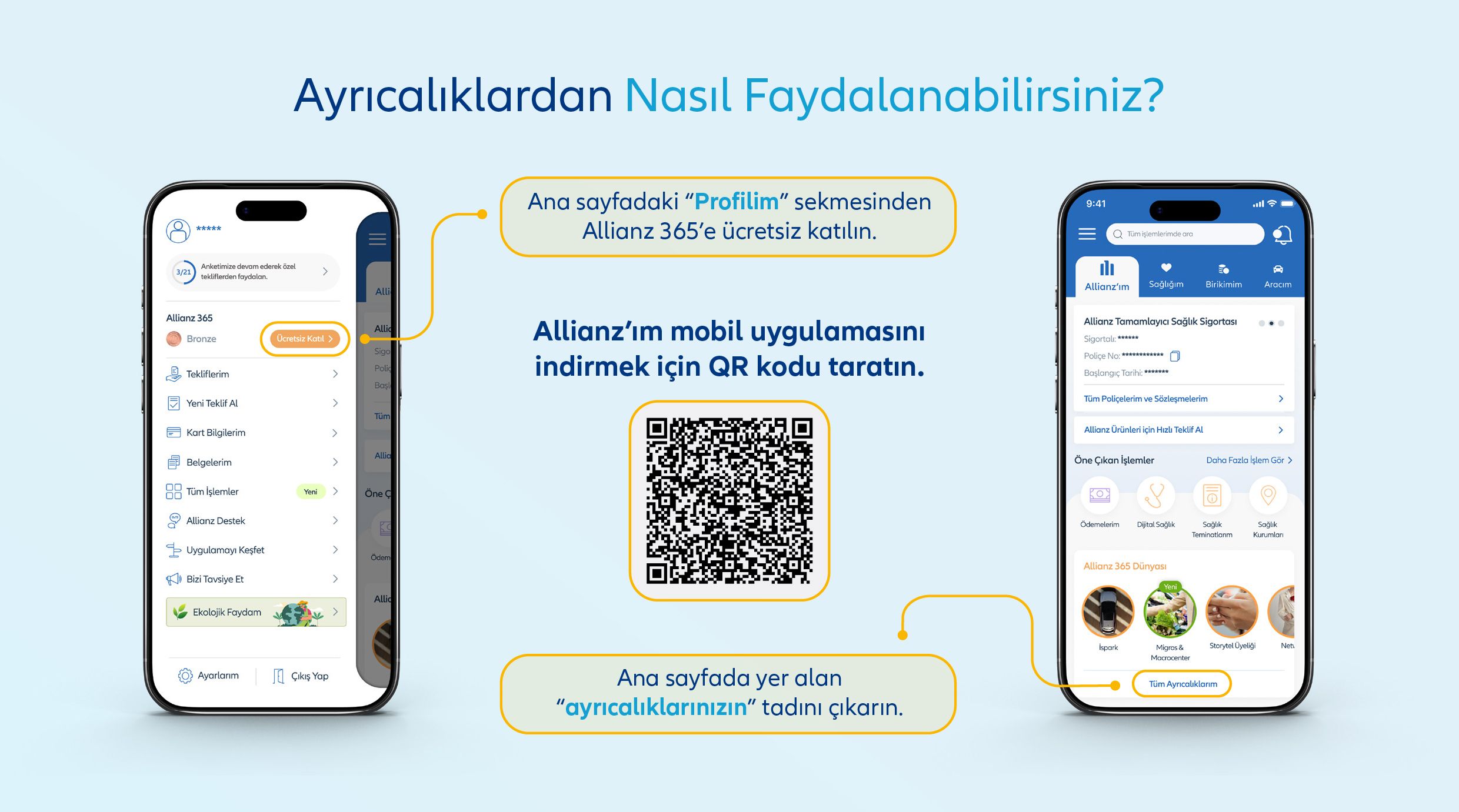 Allianz 365 ayrıcalıkları için Allianz'ım mobil uygulaması kullanım adımları ve indirme QR kodu.