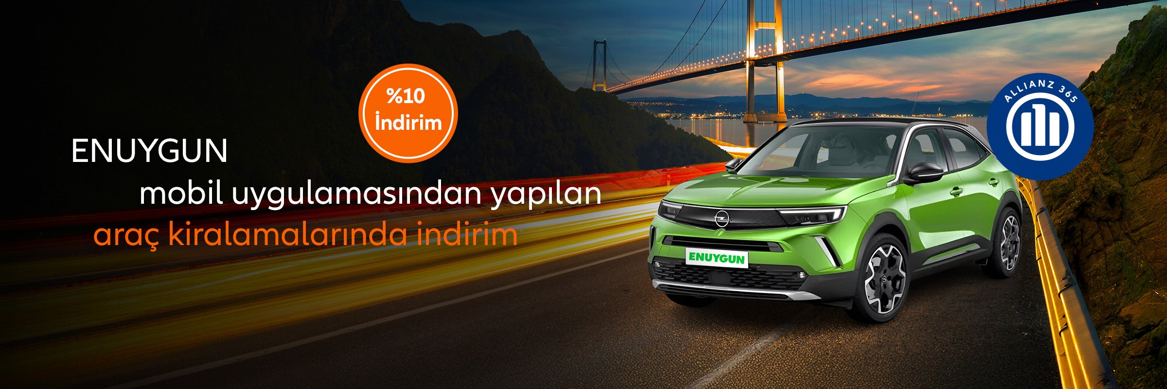 Enuygun mobil uygulamasından araç kiralama yüzde 10 indirim kampanyası, yeşil araç ve Allianz 365 logosu