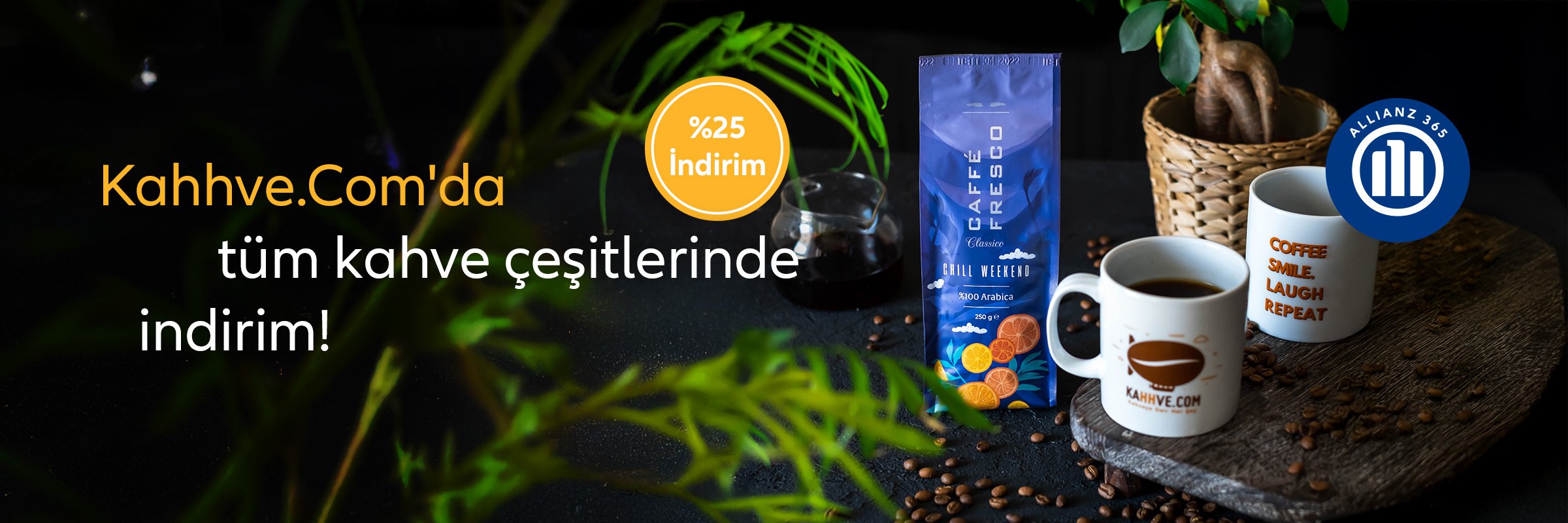 Allianz 365 Kahhve.com tüm kahve çeşitlerinde %25 indirim kampanyası, kahve paketi ve kupalar