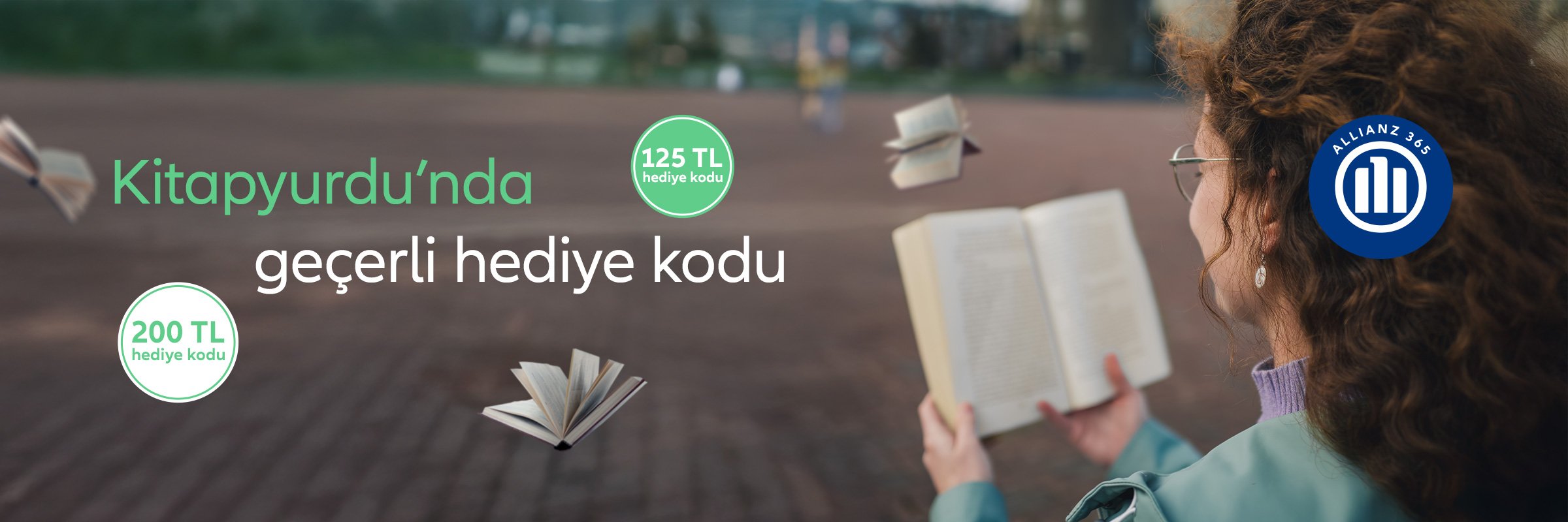 Allianz 365 Kitapyurdu hediye kodu kampanyası ve kitap okuyan kadın