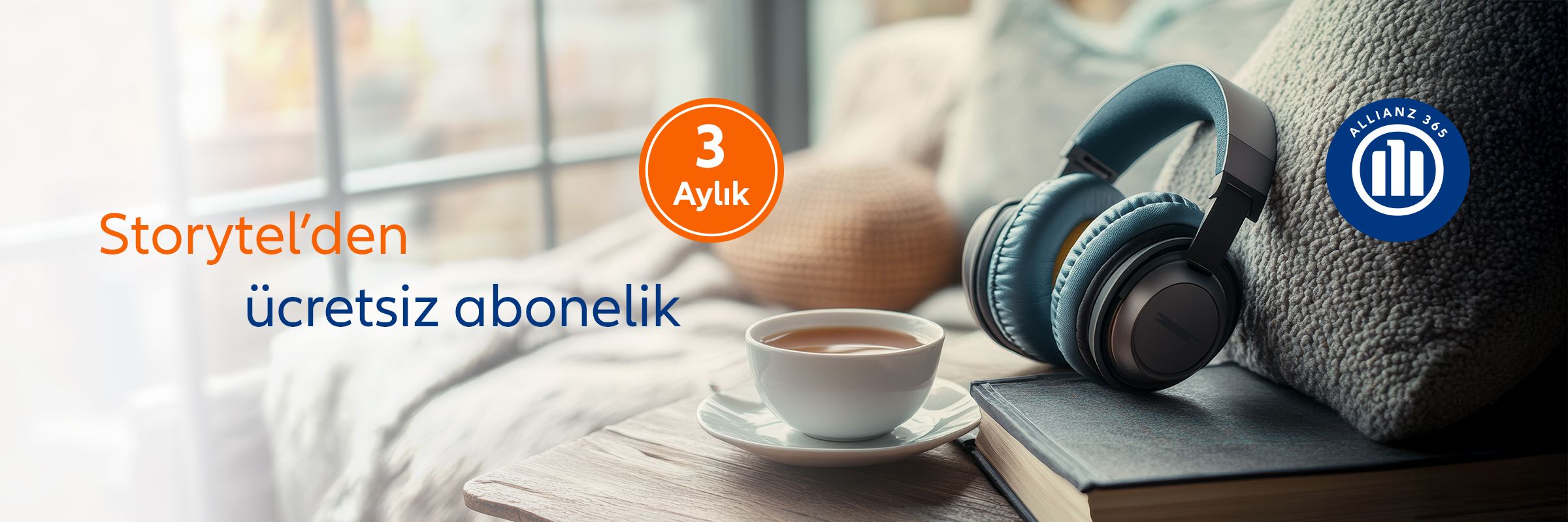 Allianz 365'ten 3 aylık ücretsiz Storytel aboneliği kampanyası; masa üzerinde kitap, çay fincanı ve kulaklık.