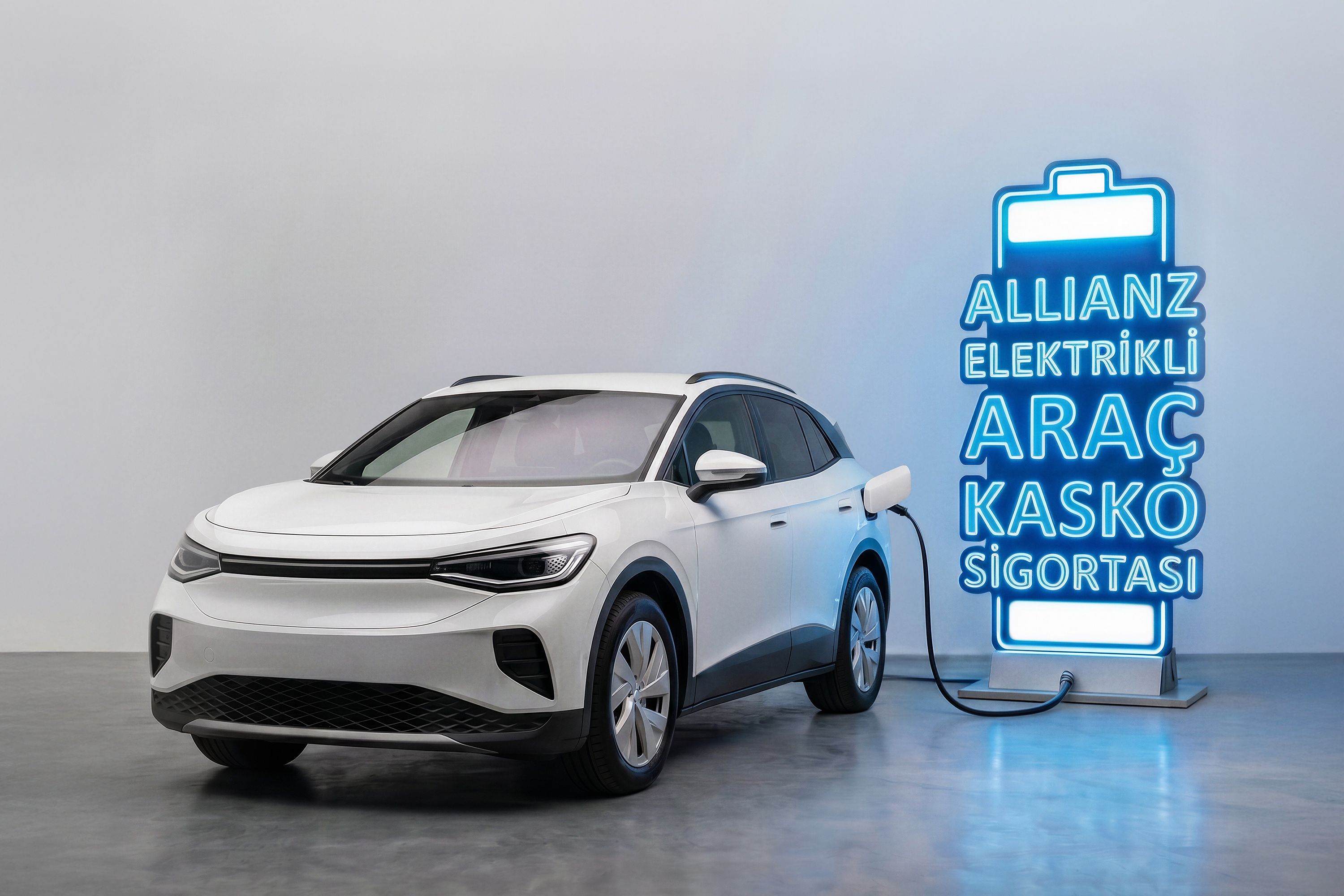 Şarj edilen beyaz elektrikli otomobil ve Allianz Elektrikli Araç Kasko Sigortası yazılı mavi neon tabela.