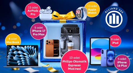 Allianz BES kampanyası teknoloji ve yaşam tarzı ödülleri. iPad, iPhone, MacBook, kulaklık, akıllı saat ve kahve makinesi hediye kutusunda.
