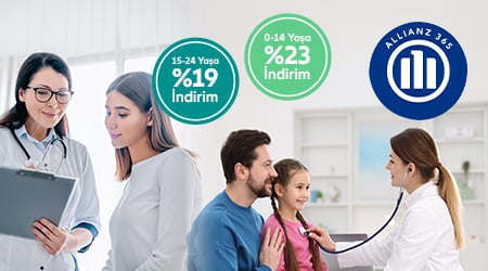 Genç ve çocuklara özel Allianz sağlık sigortası indirimlerini gösteren, doktor ve hasta muayenelerini içeren görsel.