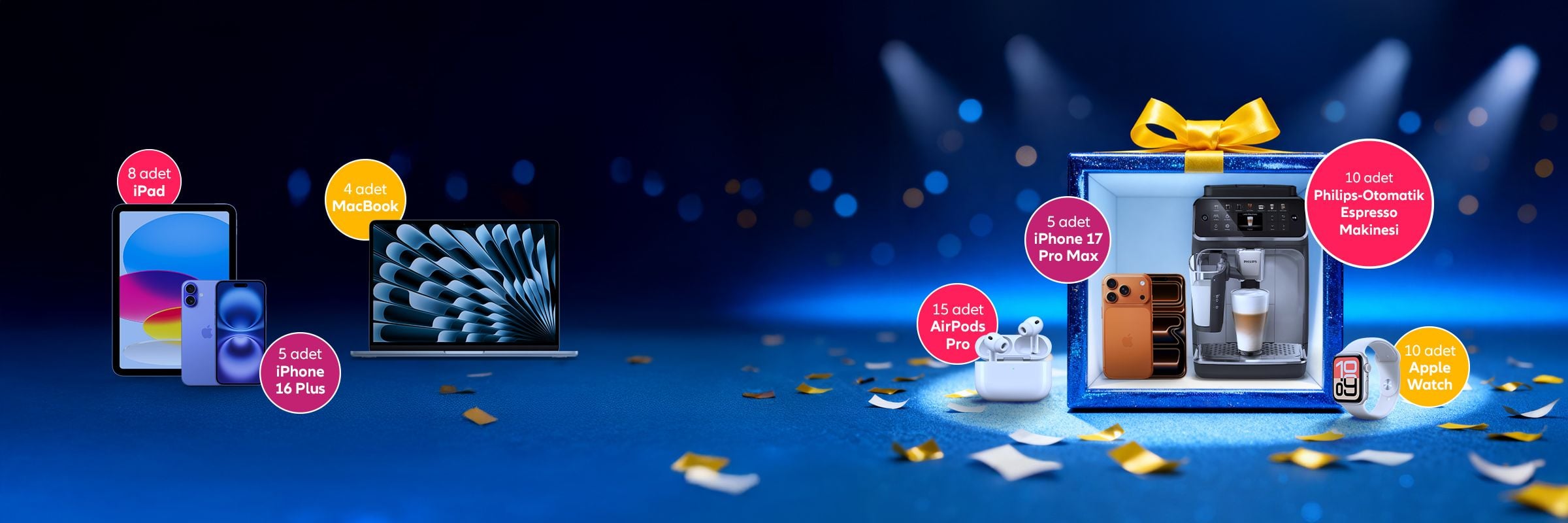 Allianz BES kampanyası teknoloji ve yaşam tarzı ödülleri. iPad, iPhone, MacBook, kulaklık, akıllı saat ve kahve makinesi hediye kutusunda.