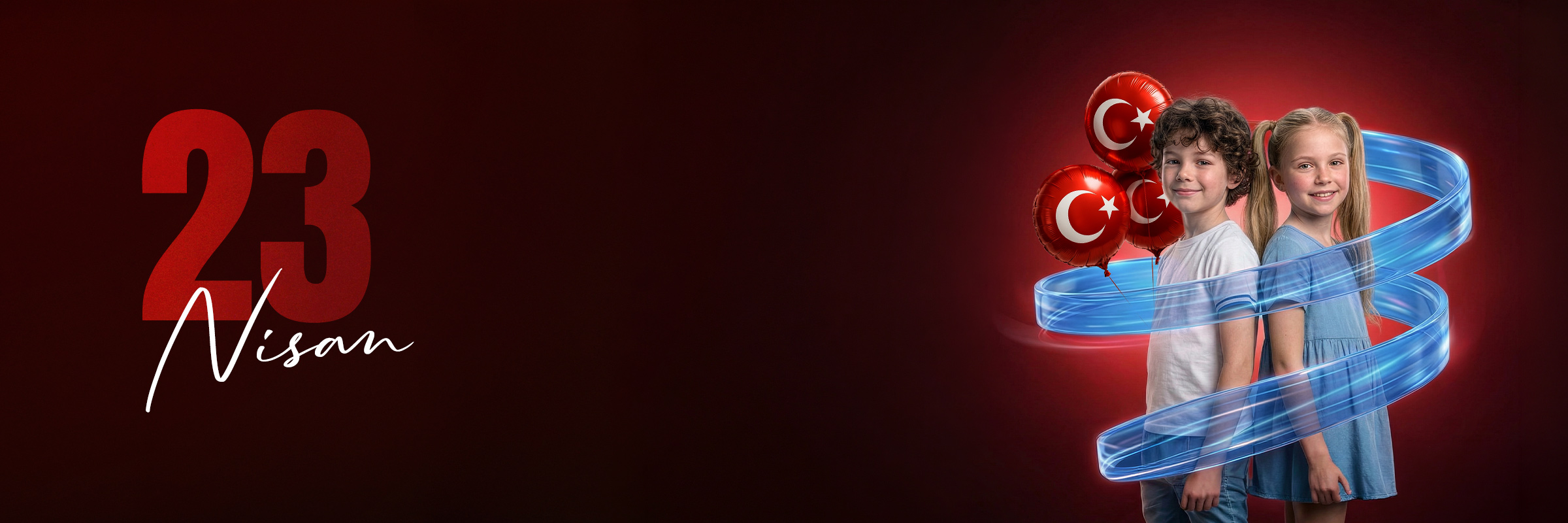 Allianz güvencesiyle parlayan, Türk bayraklı balonlarla 23 Nisan'ı kutlayan iki mutlu çocuk.