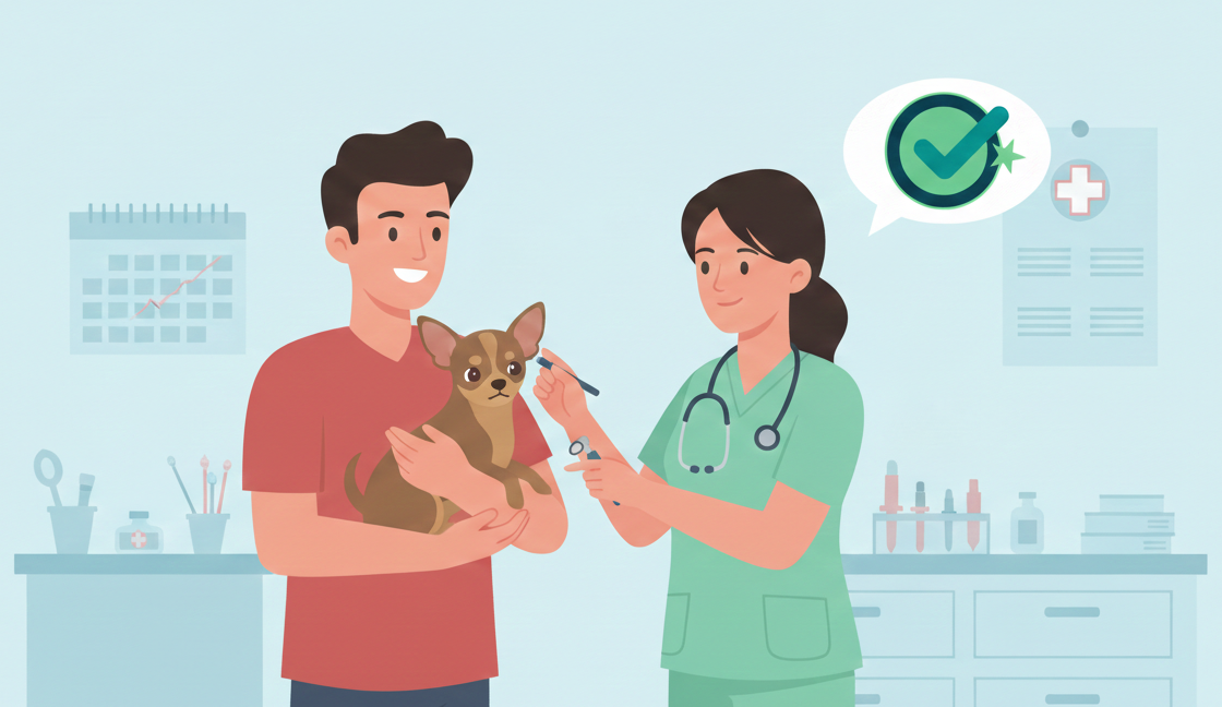 Evcil hayvan sahibi ve veteriner hekim klinikte muayene sırasında, Allianz Sevimli Dostum sigortası kapsamında veteriner randevusu.