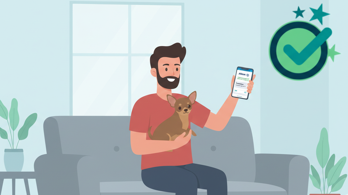 Evcil hayvanıyla koltukta oturan mutlu bir pet sahibi, akıllı telefonundan Allianz sigorta tazminat ödemesinin onaylandığını kontrol ediyor.