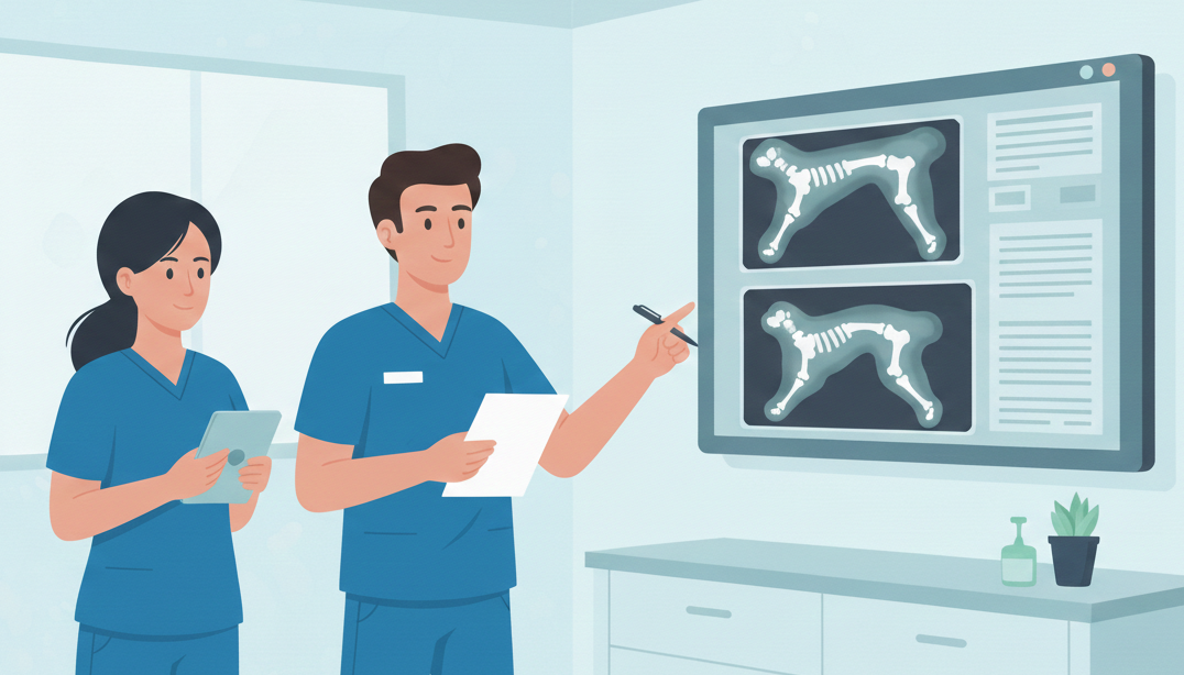 Allianz uzman veteriner hekimleri, evcil hayvanın röntgen sonuçlarını ve tedavi dosyalarını dijital panel üzerinden titizlikle inceliyor.