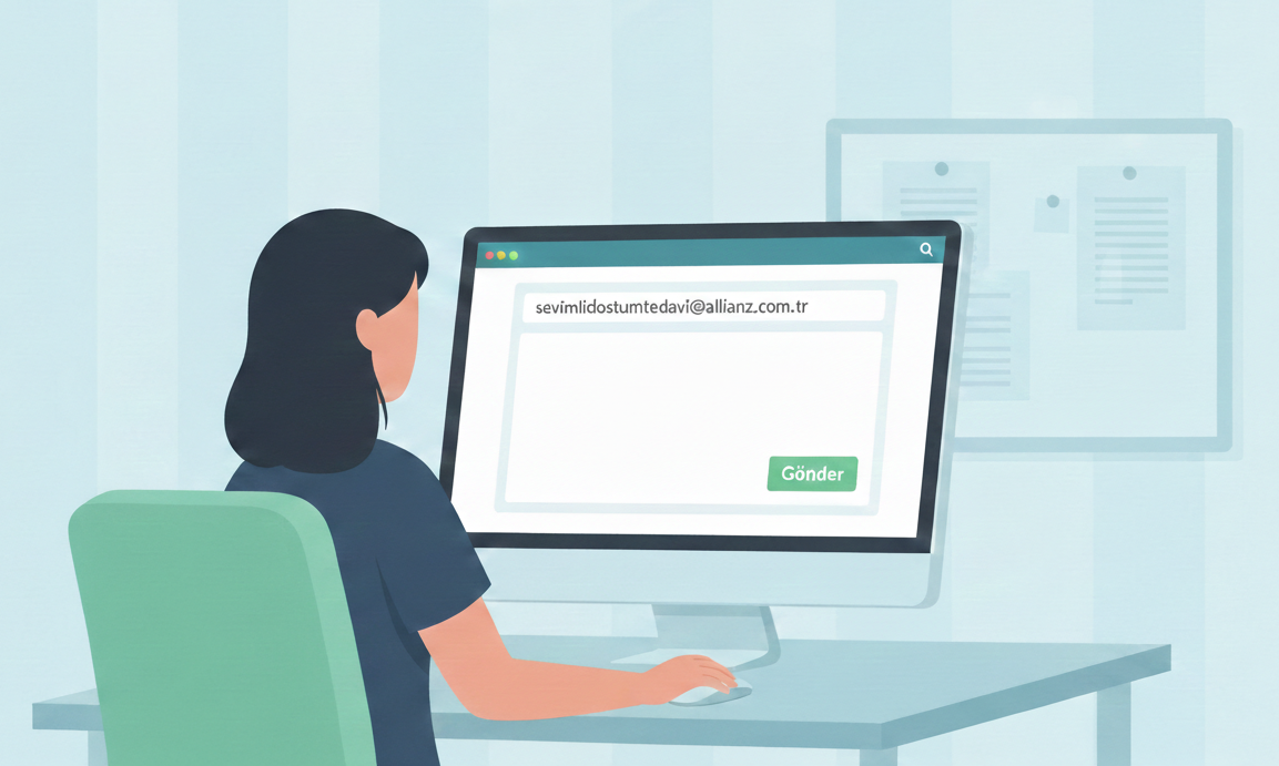 Bilgisayar başında oturan bir kullanıcı, Allianz Sevimli Dostum hasar dosyası için gerekli tedavi evraklarını e-posta yoluyla gönderiyor.