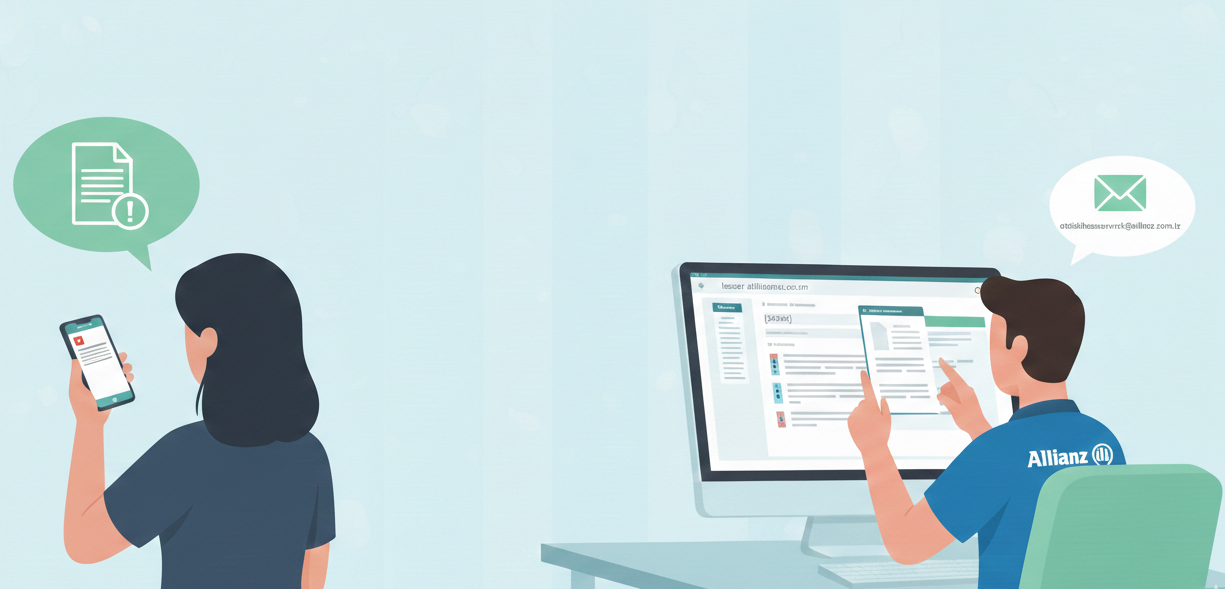 Akıllı telefonuna gelen Allianz bilgilendirme mesajına bakan kullanıcı ve arka planda hasar dosyasını dijital ekranda inceleyen uzman figürü.