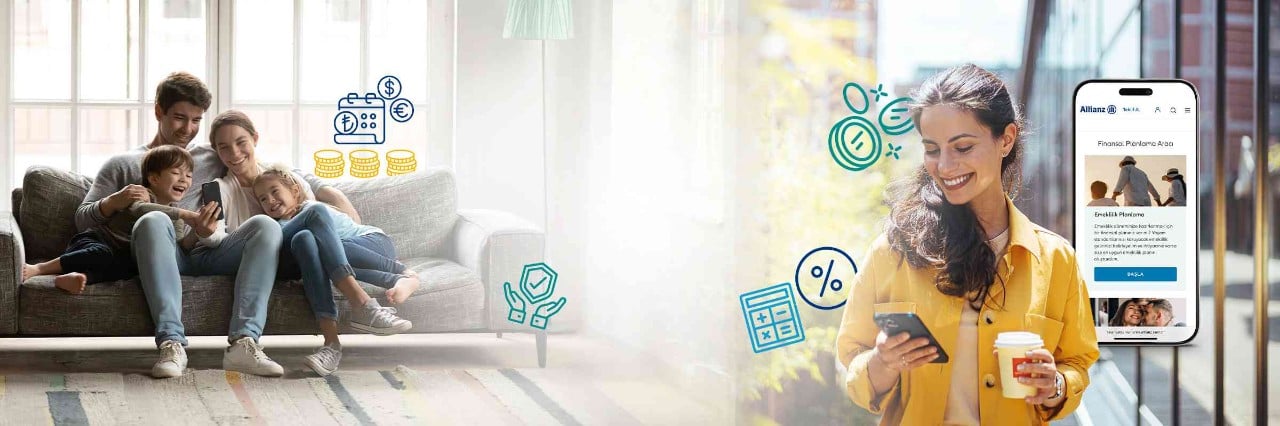 Allianz finansal planlama: Ailesiyle mutlu bir ev ve mobil uygulamayla geleceğini planlayan gülümseyen bir kadın.