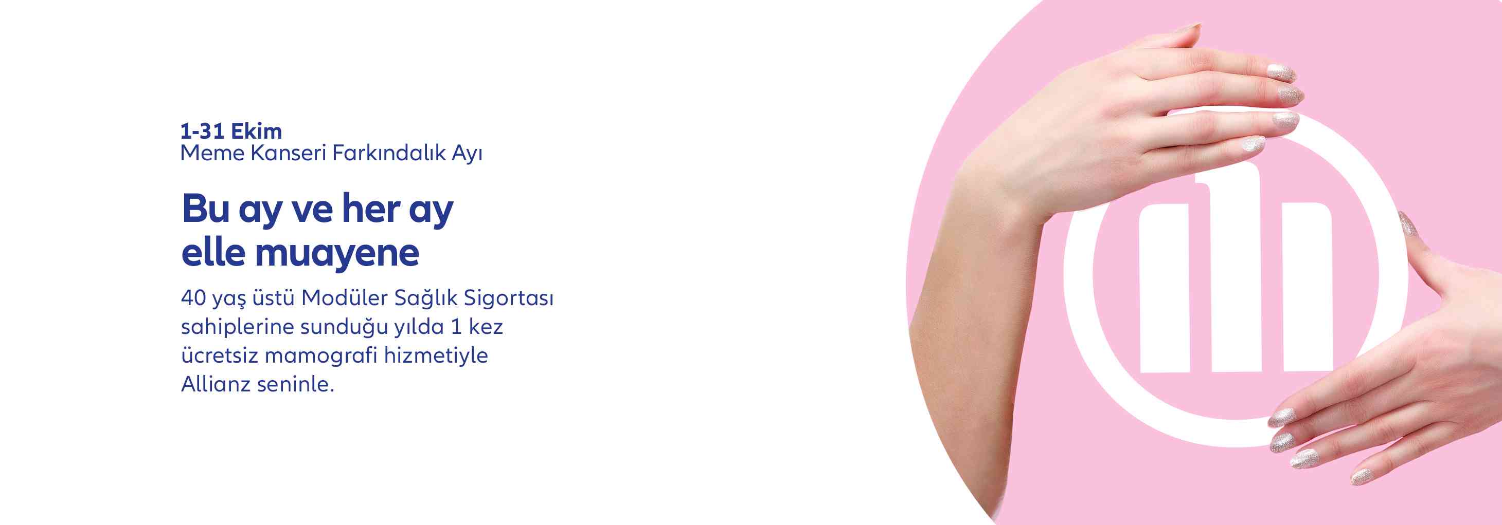 Pembe arka planda Allianz logosunu saran parıltılı ojeli kadın elleri ve meme kanseri farkındalık ayı bilgilendirmesi.