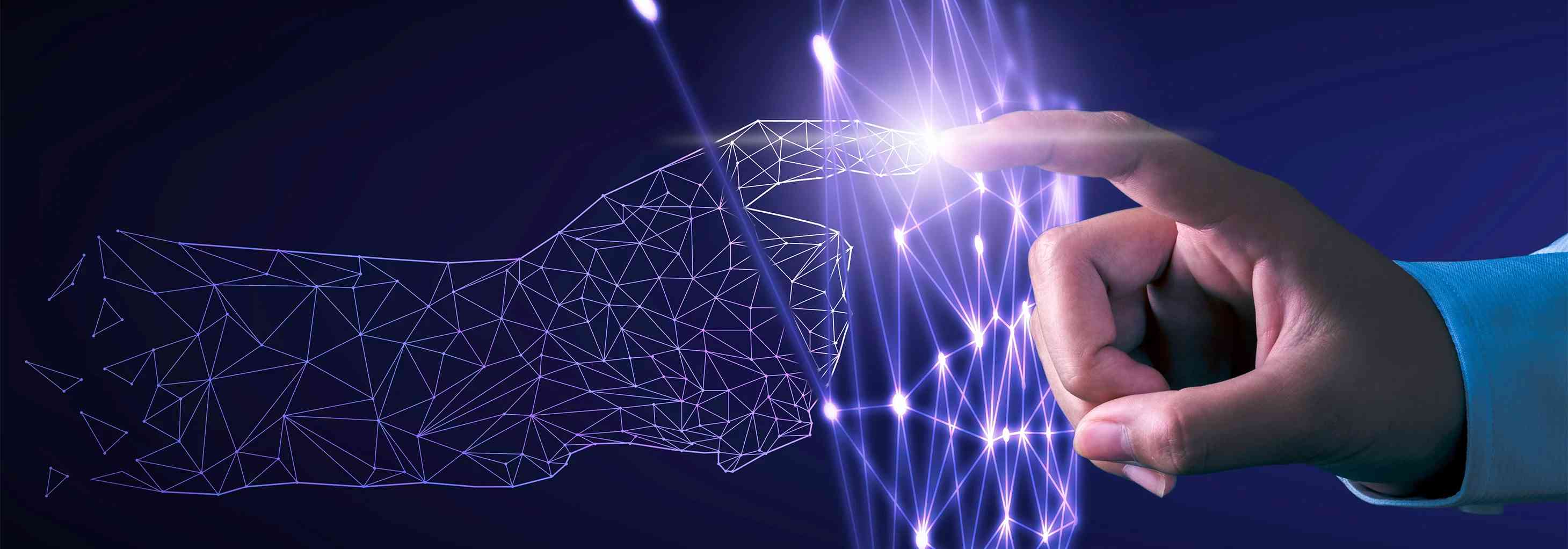 İnsan eli ve dijital ağ bağlantısı ile wireframe elin etkileşimi, geleceğin teknolojisi ve sigortacılıkta dijital dönüşüm.