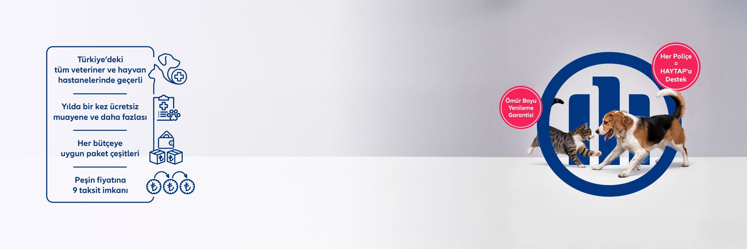 Allianz evcil hayvan sigortası reklamı: beagle köpek ve kedi, hizmet detayları (veteriner, ücretsiz muayene, paket, taksit), ömür boyu yenileme ve HAYTAP desteği vurgulanıyor.